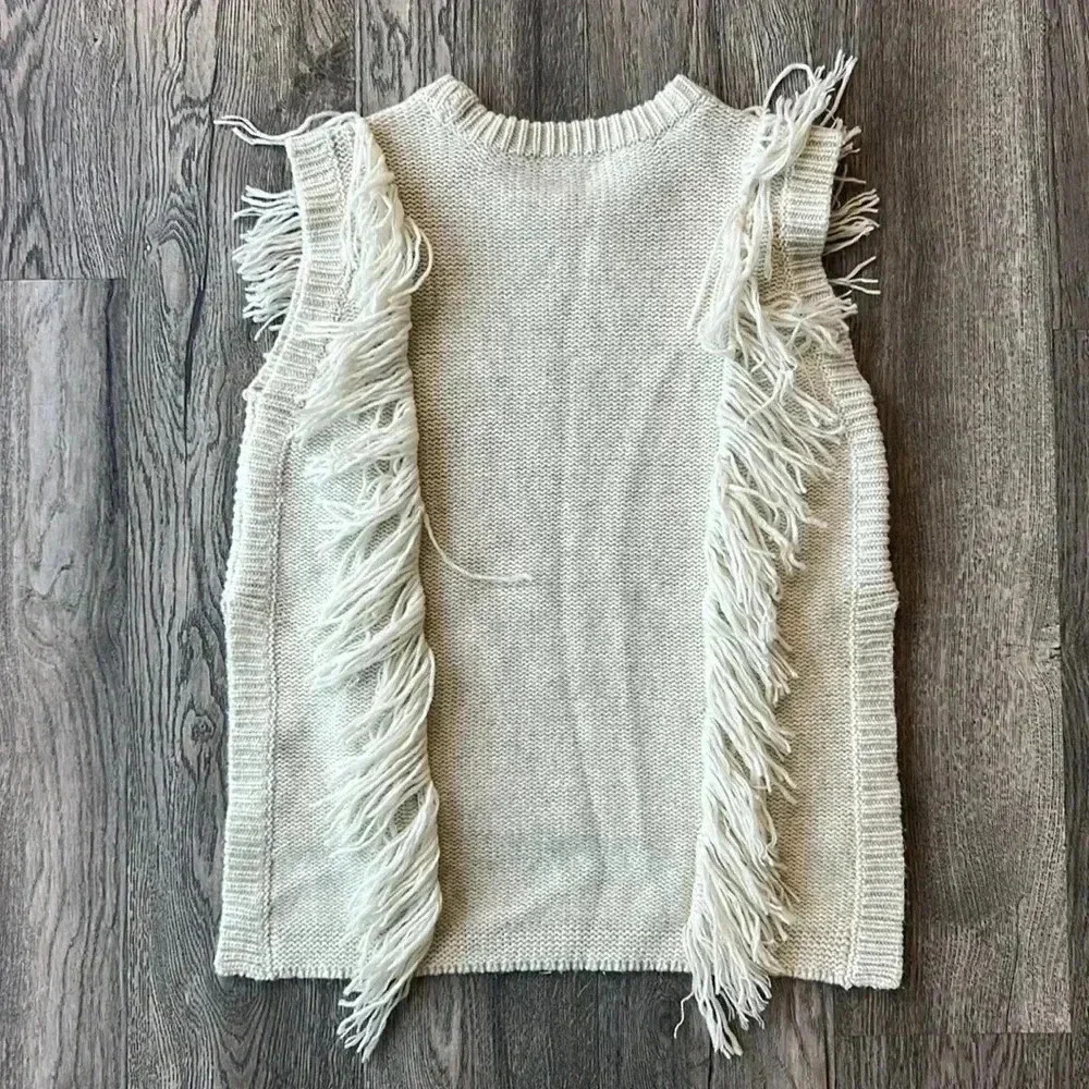 Intermix Sweater White Short Sleeve Wool and Cashmere Fringe Size Extra Small - Picture 8 of 9